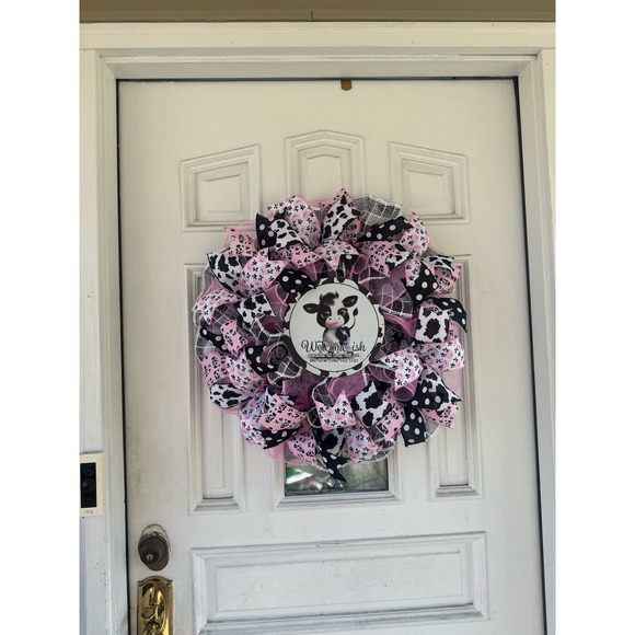 Pink Black Cow Welcome-ish Mesh Ribbon Spring Wreath Front Door Hanger Decor - Picture 8 of 8
